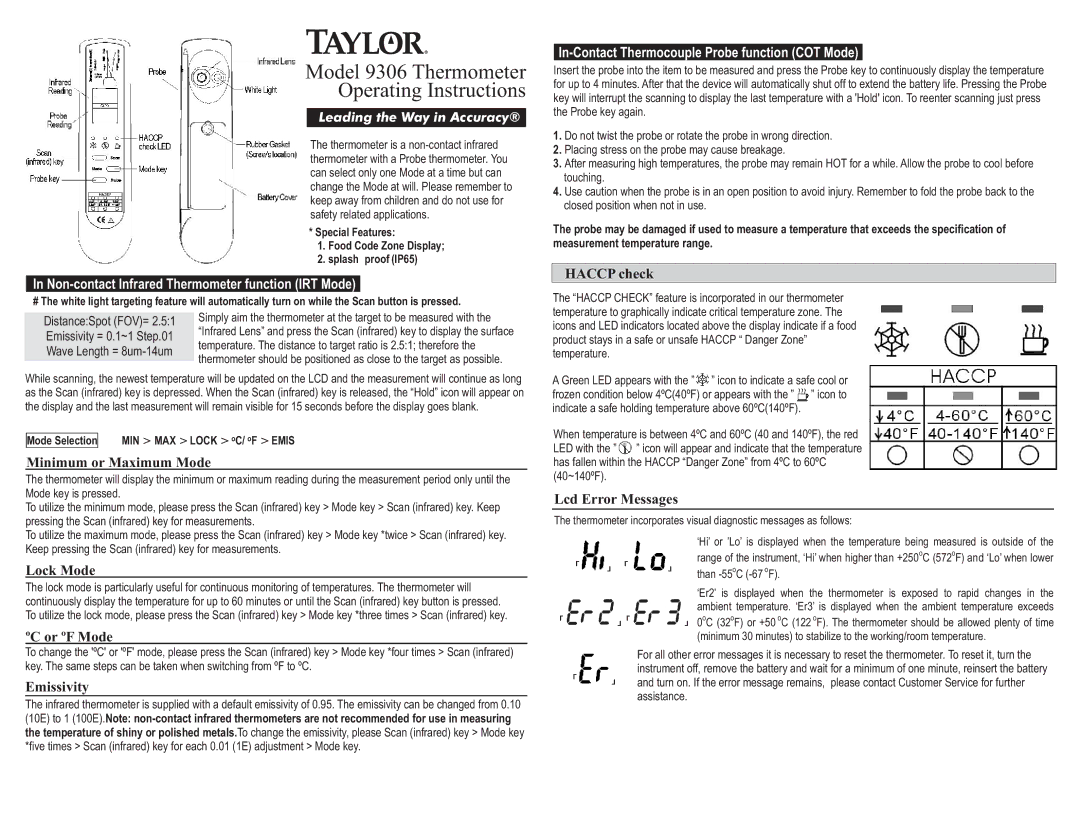 Taylor operating instructions Model 9306 Thermometer Operating Instructions 