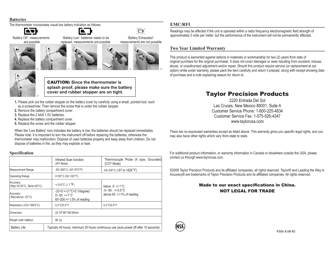 Taylor 9306 operating instructions Two Year Limited Warranty, Batteries, Specification 