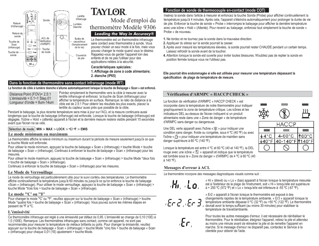 Taylor 9306 Mode demploi du Thermomètre Modèle, Fonction de sonde de thermocouple en-contact mode COT 