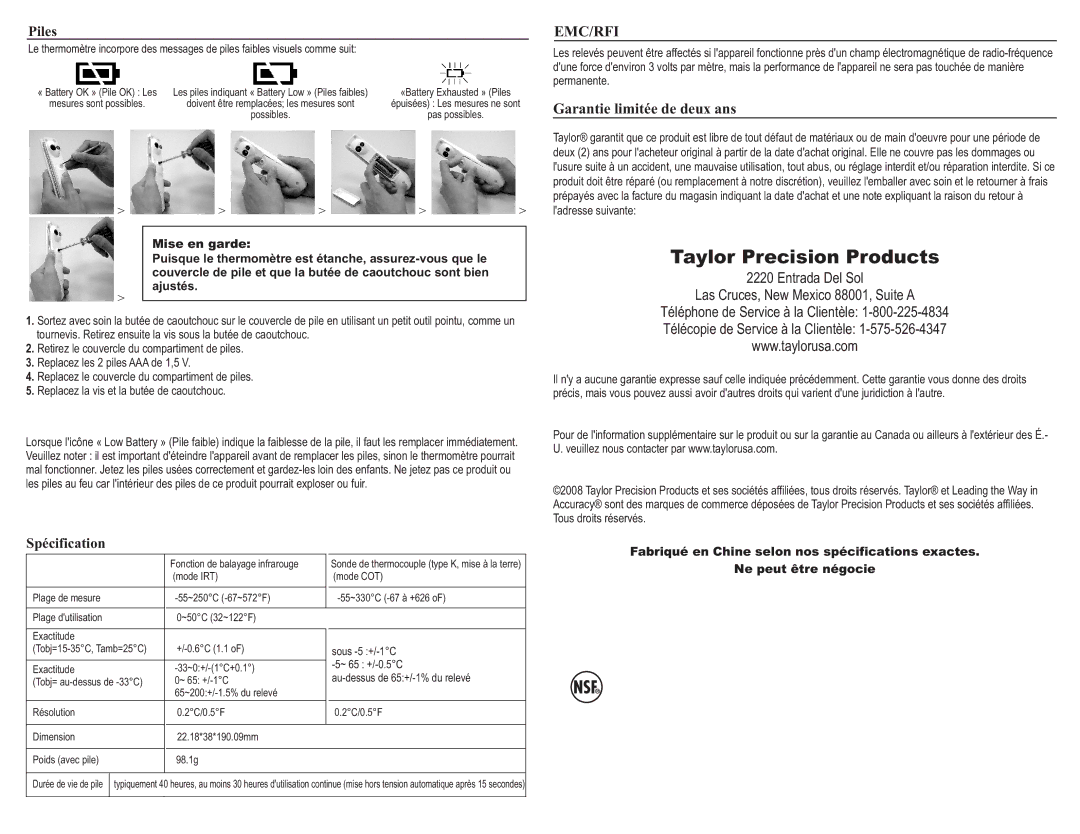 Taylor 9306 operating instructions Garantie limitée de deux ans, Piles, Spécification 