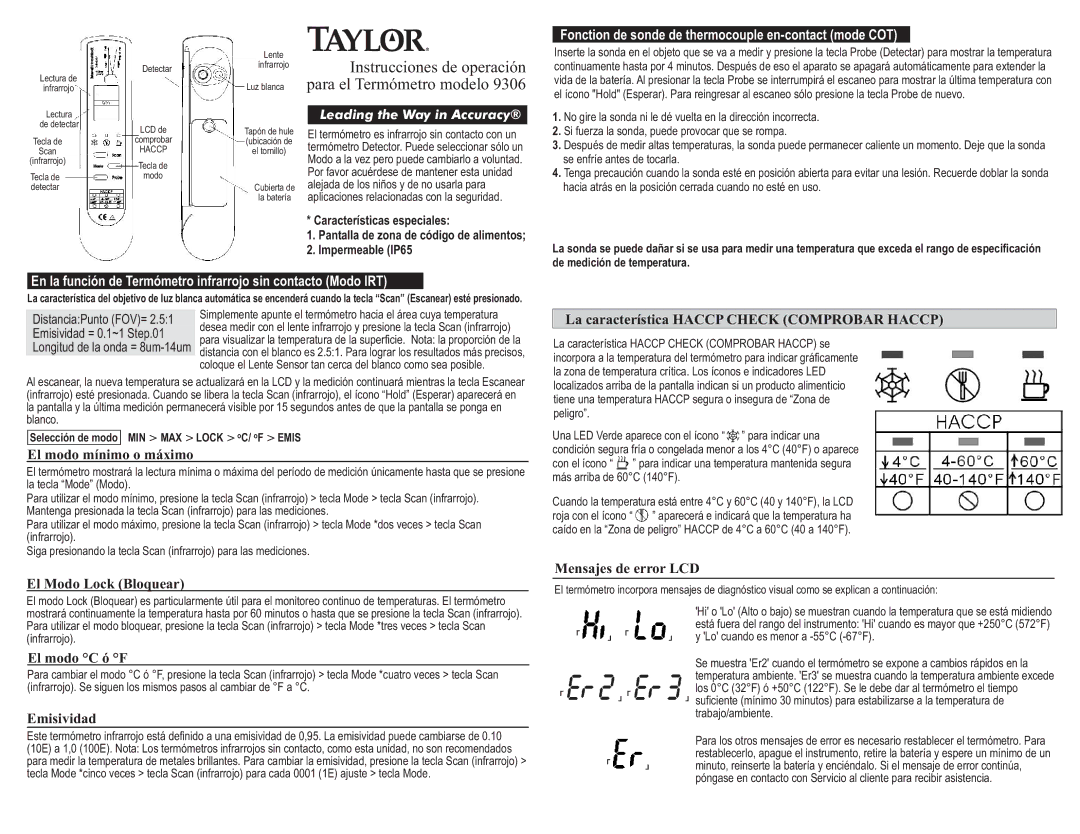 Taylor 9306 operating instructions El modo mínimo o máximo, Mensajes de error LCD, El modo C ó F, Emisividad 