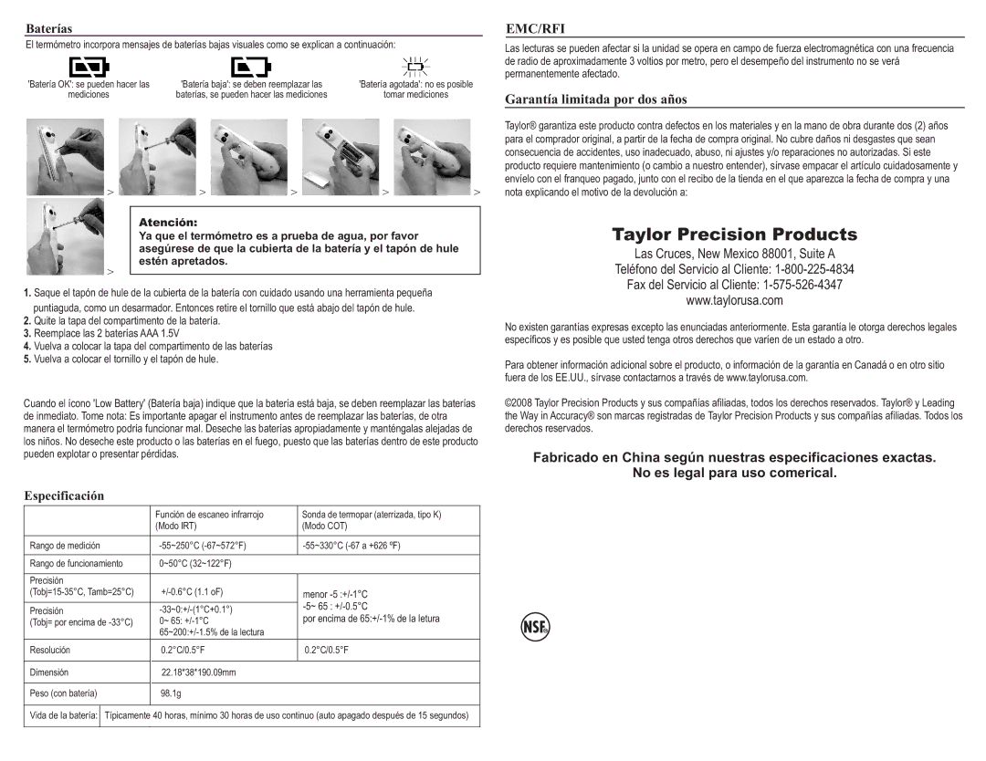 Taylor 9306 operating instructions Garantía limitada por dos años, Baterías, Especificación 