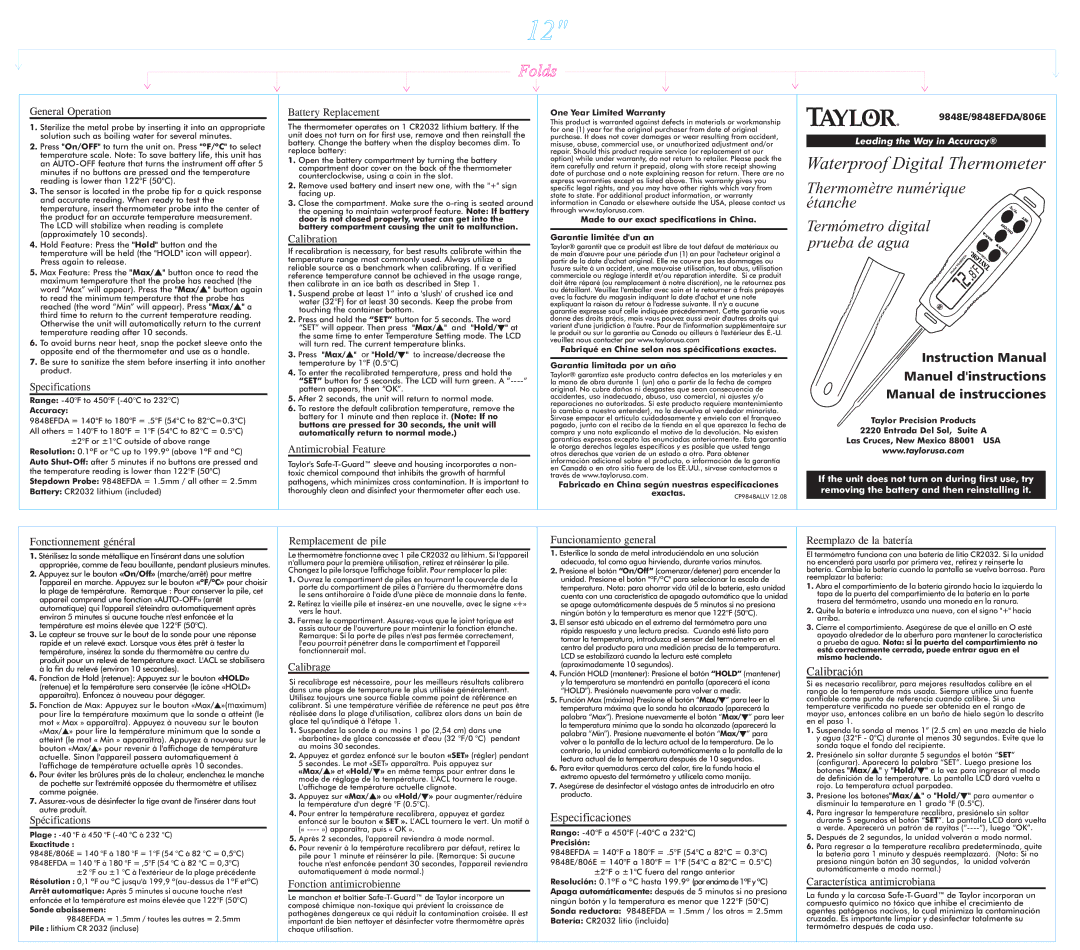 Taylor 9848EFDA, 806E specifications Calibración, Especificaciones 