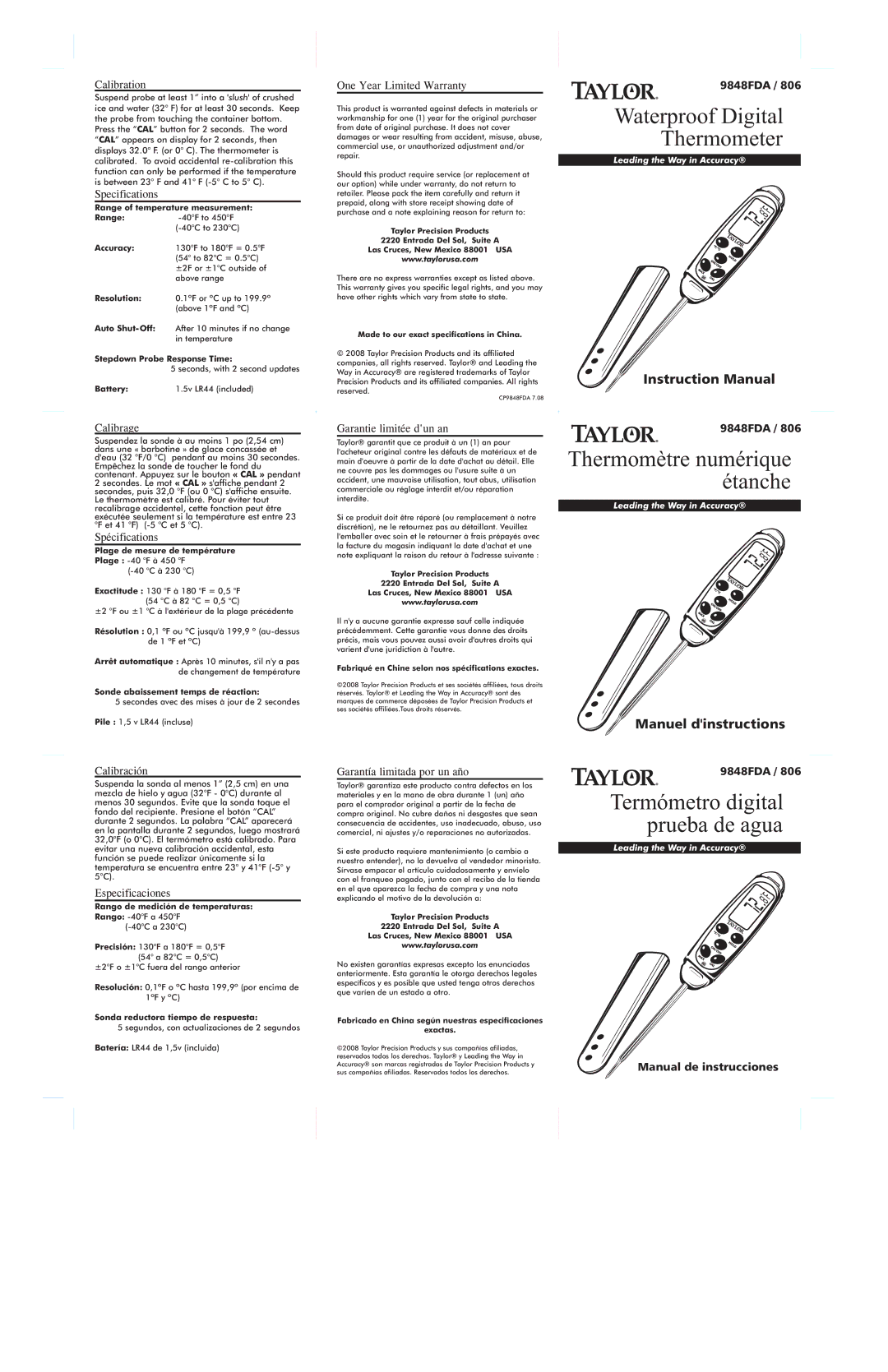 Taylor 9848FDA / 806 instruction manual Calibration, Specifications, Calibrage, Spécifications, Calibración 