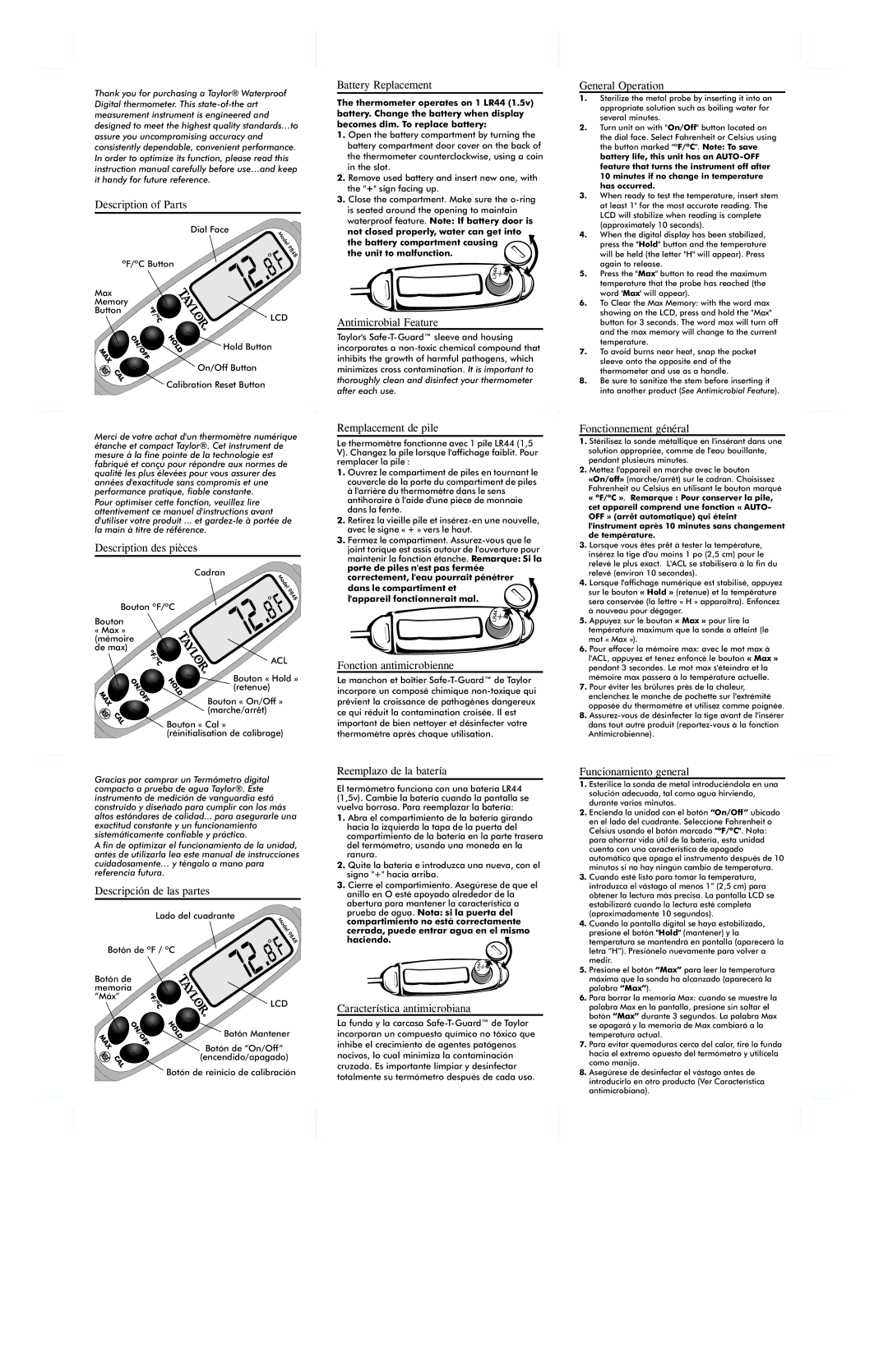 Taylor 9848FDA / 806 instruction manual Description of Parts, Battery Replacement, Antimicrobial Feature, General Operation 