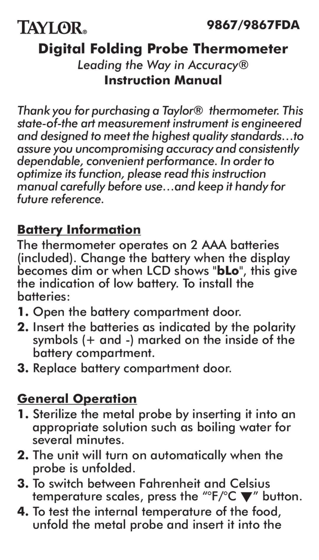 Taylor 9867FDA instruction manual Digital Folding Probe Thermometer 