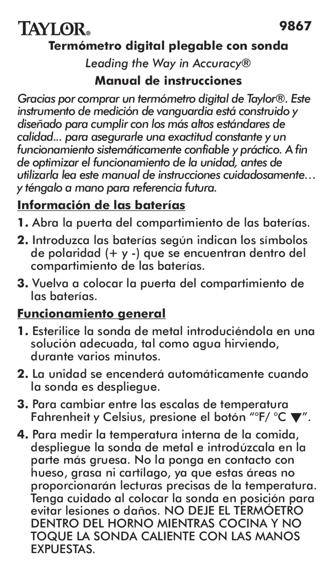 Taylor 9867FDA Termómetro digital plegable con sonda, Manual de instrucciones, Información de las baterías 