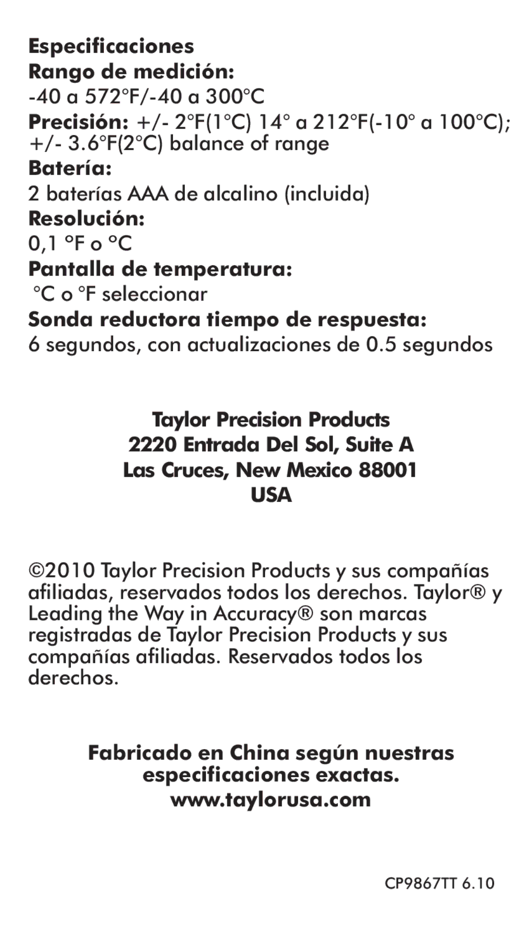 Taylor 9867FDA instruction manual Especificaciones Rango de medición 