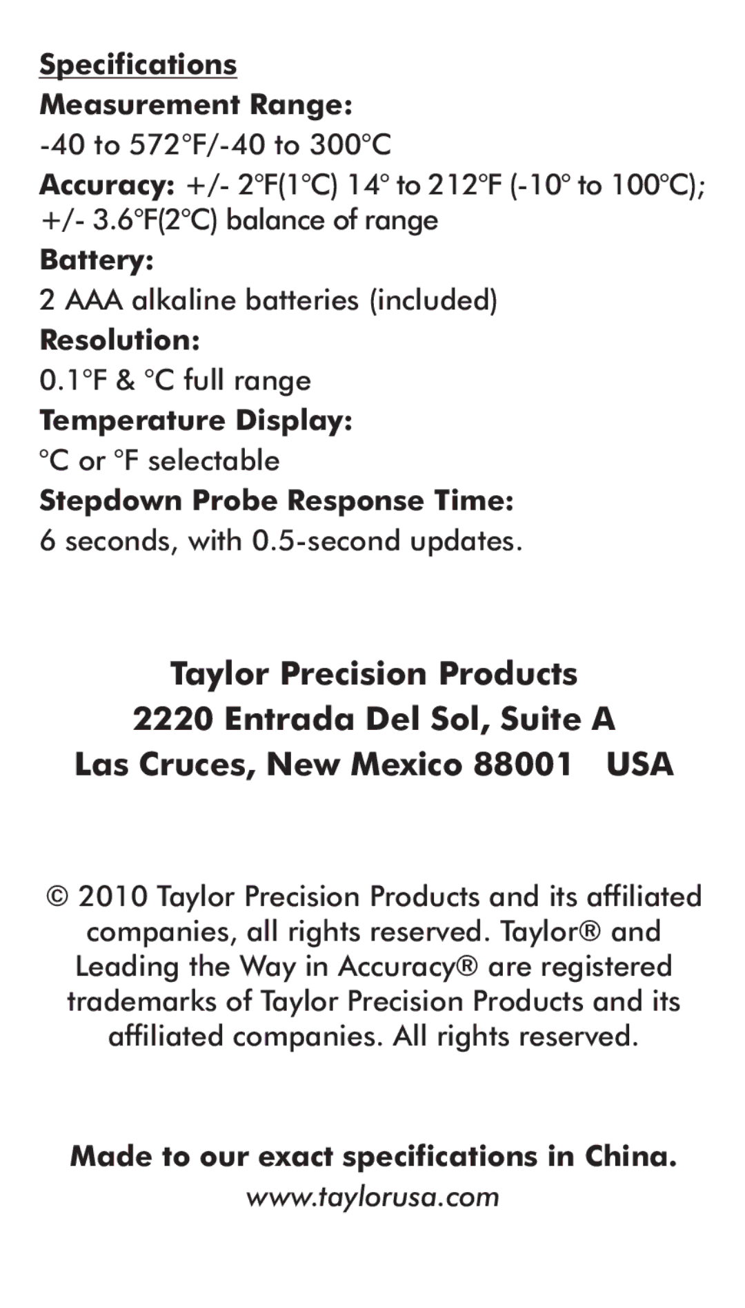 Taylor 9867FDA instruction manual Battery 