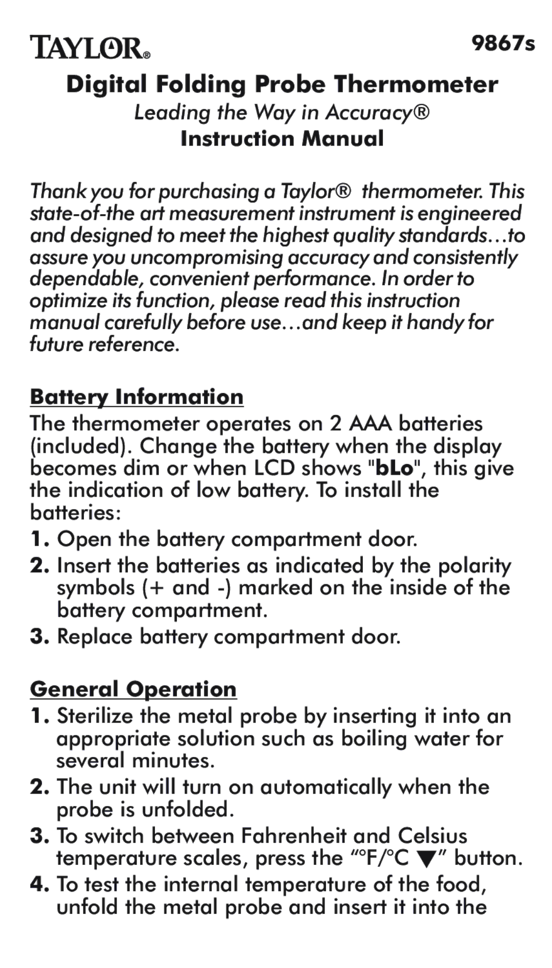 Taylor 9867S instruction manual Digital Folding Probe Thermometer 