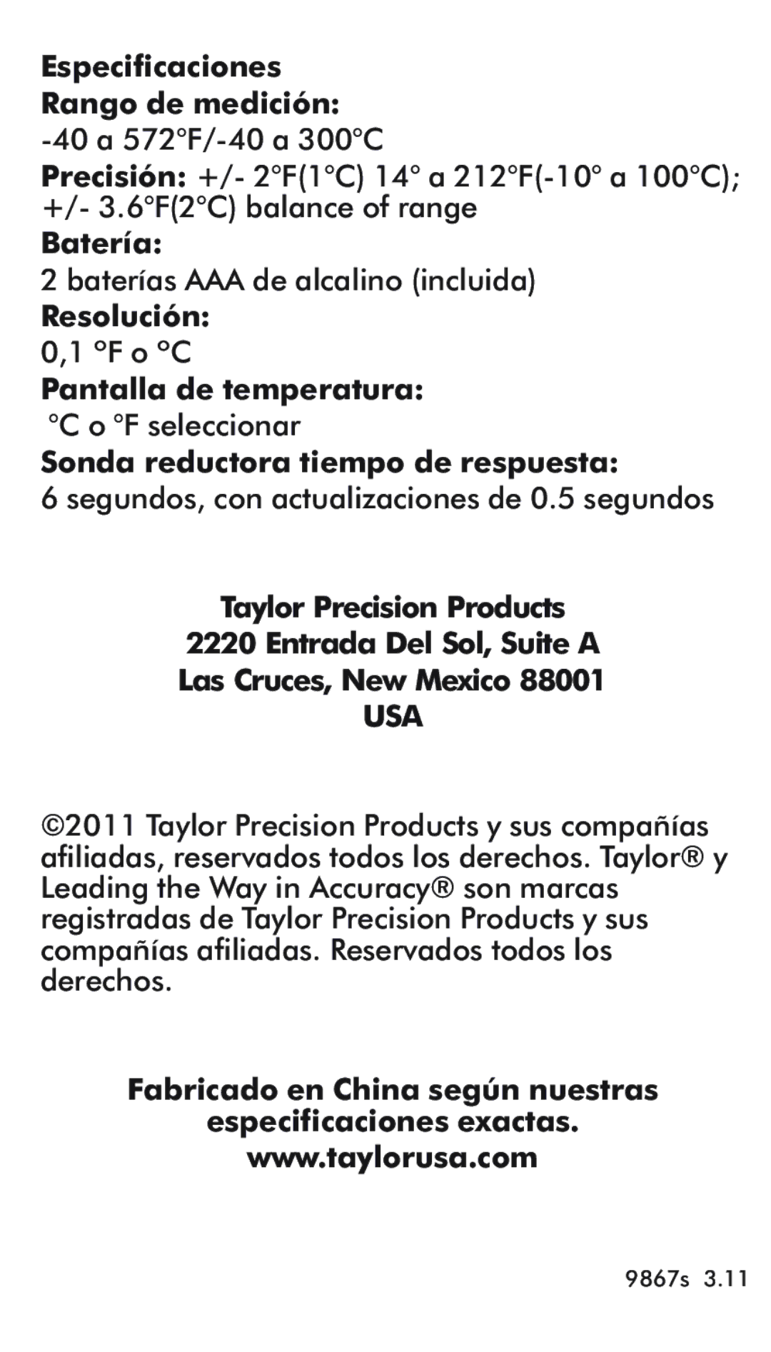 Taylor 9867S instruction manual Especificaciones Rango de medición 