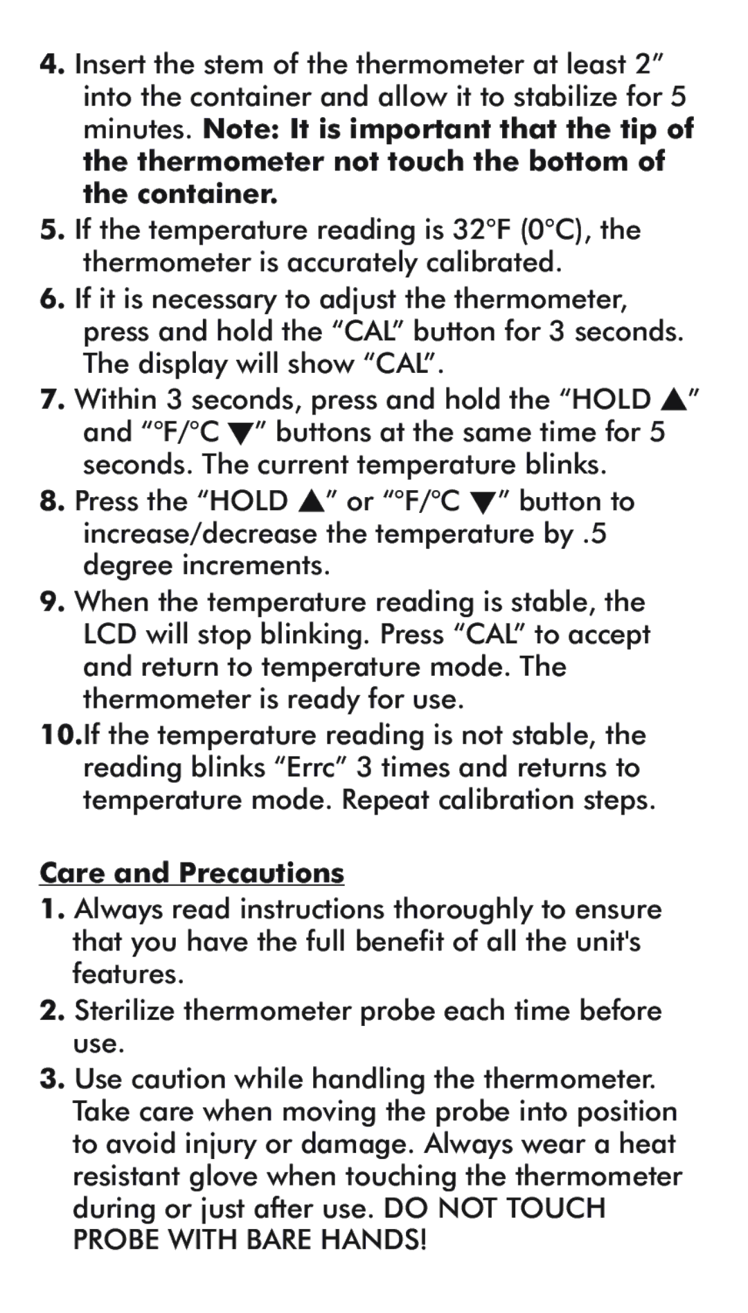 Taylor 9867S instruction manual Care and Precautions 