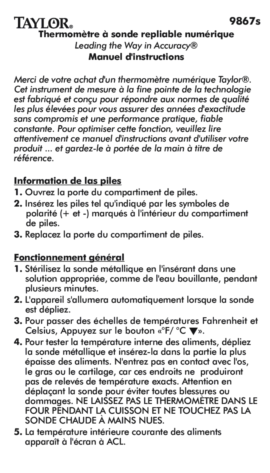 Taylor 9867S instruction manual Thermomètre à sonde repliable numérique 