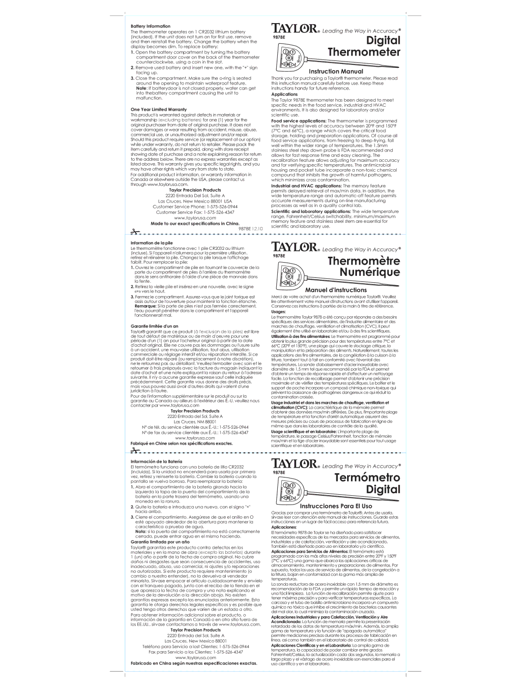 Taylor 9878E instruction manual Digital Thermometer, Thermomètre Numérique, Termómetro 