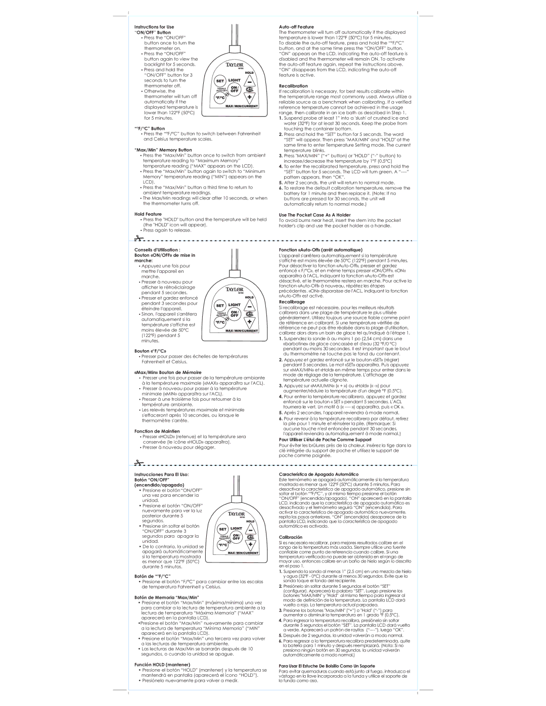 Taylor 9878E Instructions for Use ON/OFF Button, Max/Min Memory Button, Hold Feature Auto-off Feature, Recalibration 