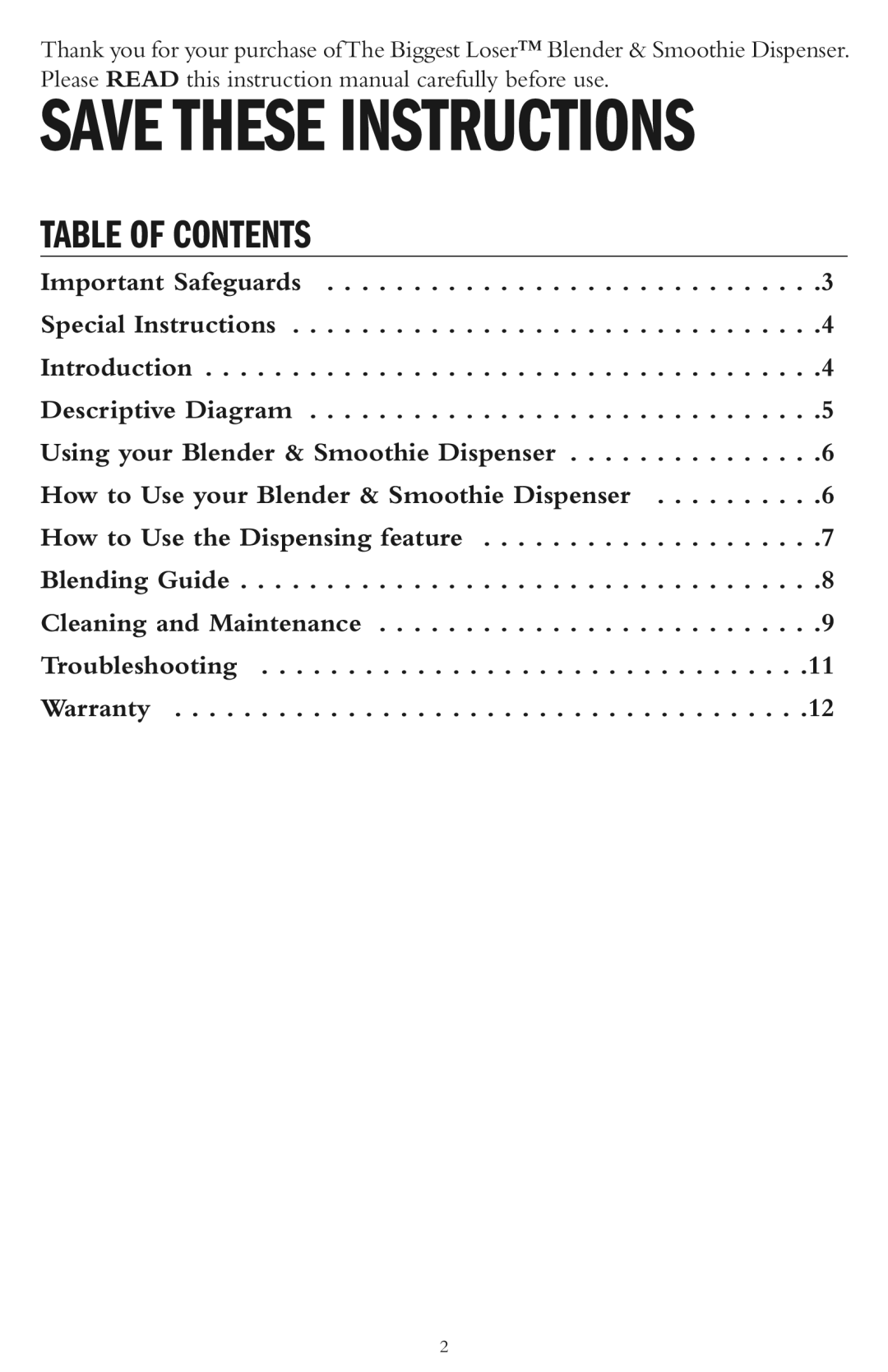 Taylor AB-1000-BL instruction manual Table of Contents 