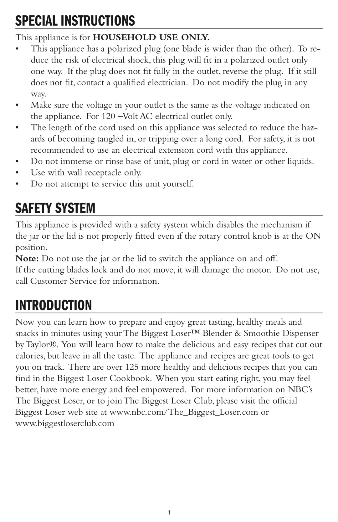 Taylor AB-1000-BL instruction manual Special Instructions, Safety System, Introduction 