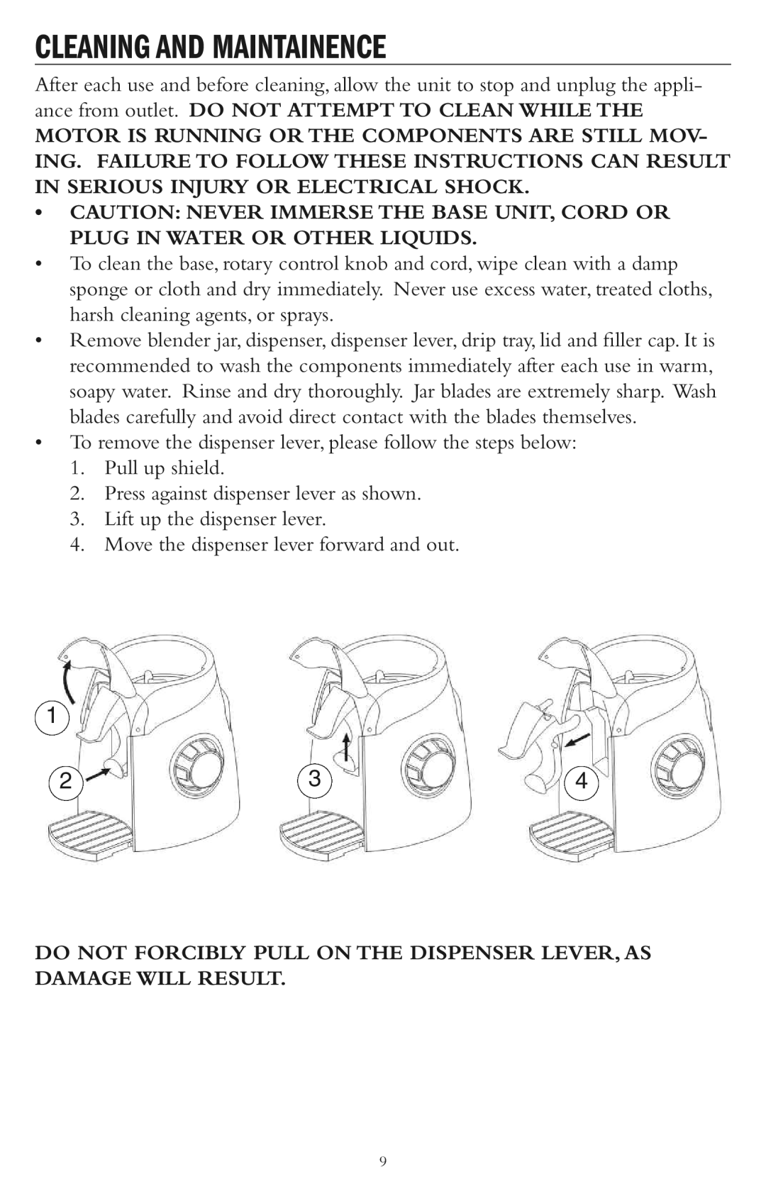 Taylor AB-1000-BL instruction manual Cleaning and Maintainence, Ance from outlet. do not Attempt to Clean While 