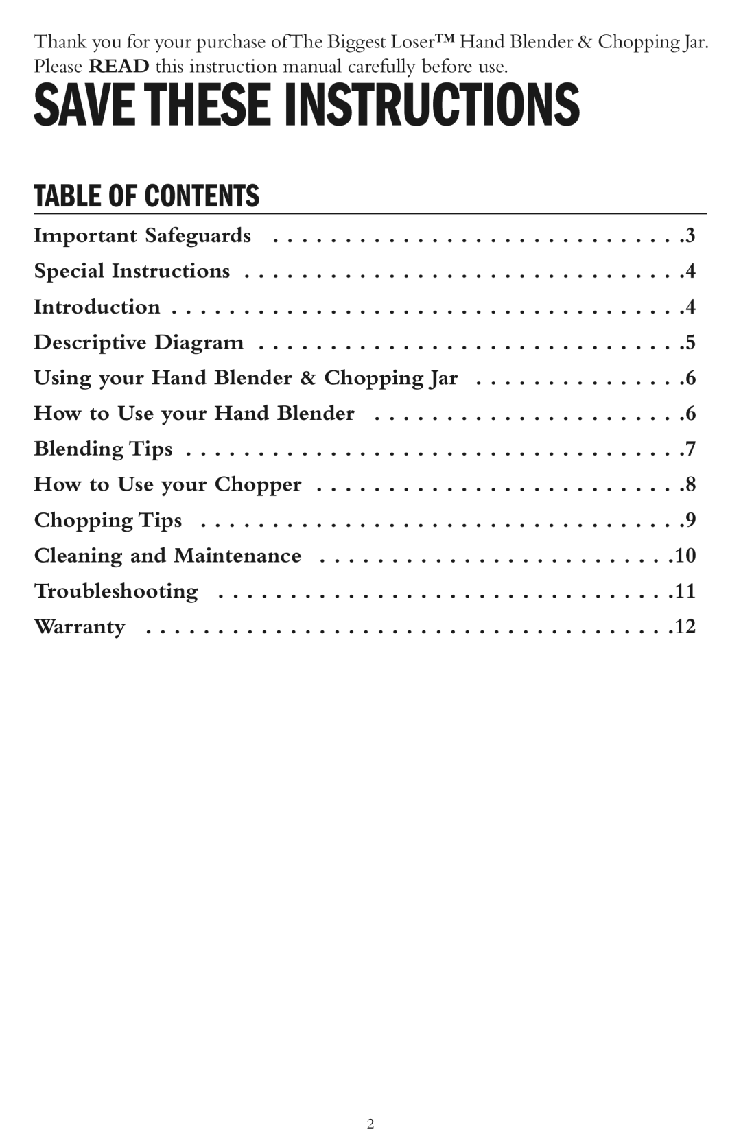 Taylor AB-1001-BL instruction manual Table of Contents 