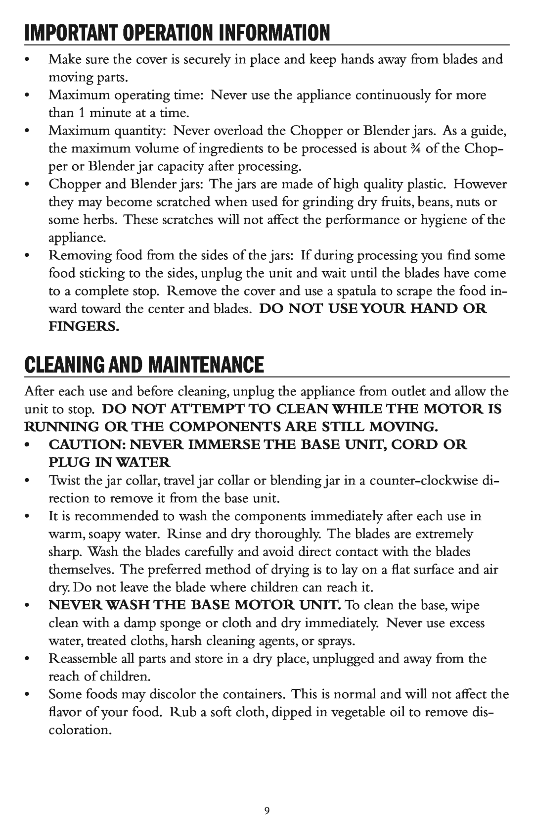 Taylor AB-1002-BL instruction manual Important Operation Information, Cleaning And Maintenance, Fingers 
