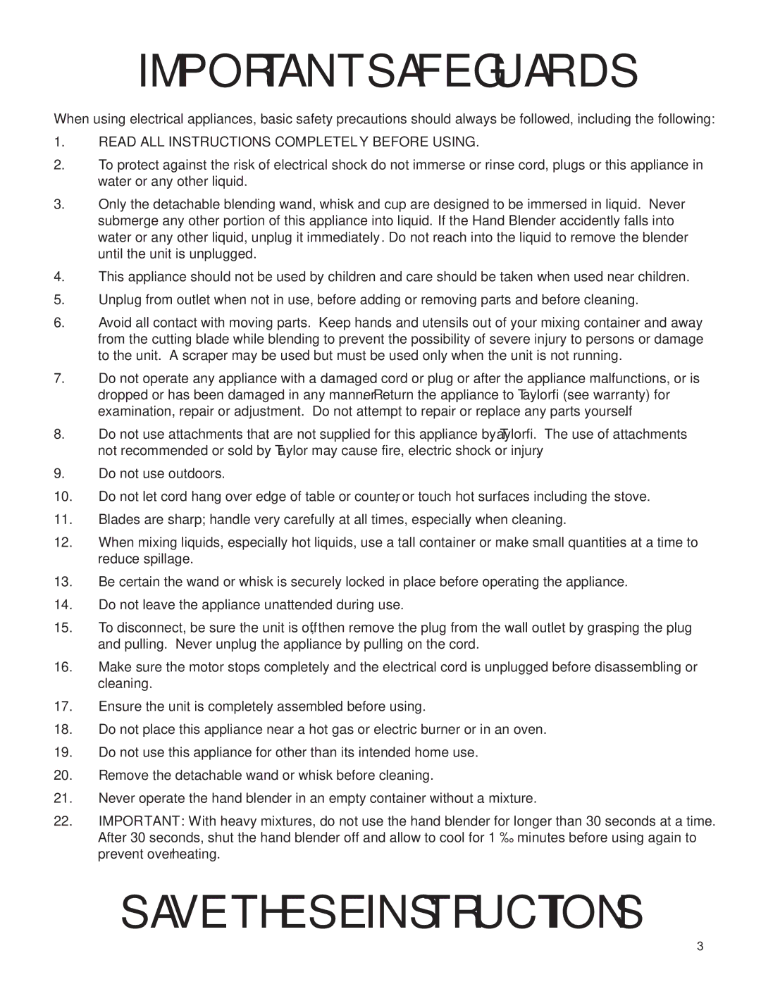 Taylor AB-1051-BL instruction manual Important Safeguards 