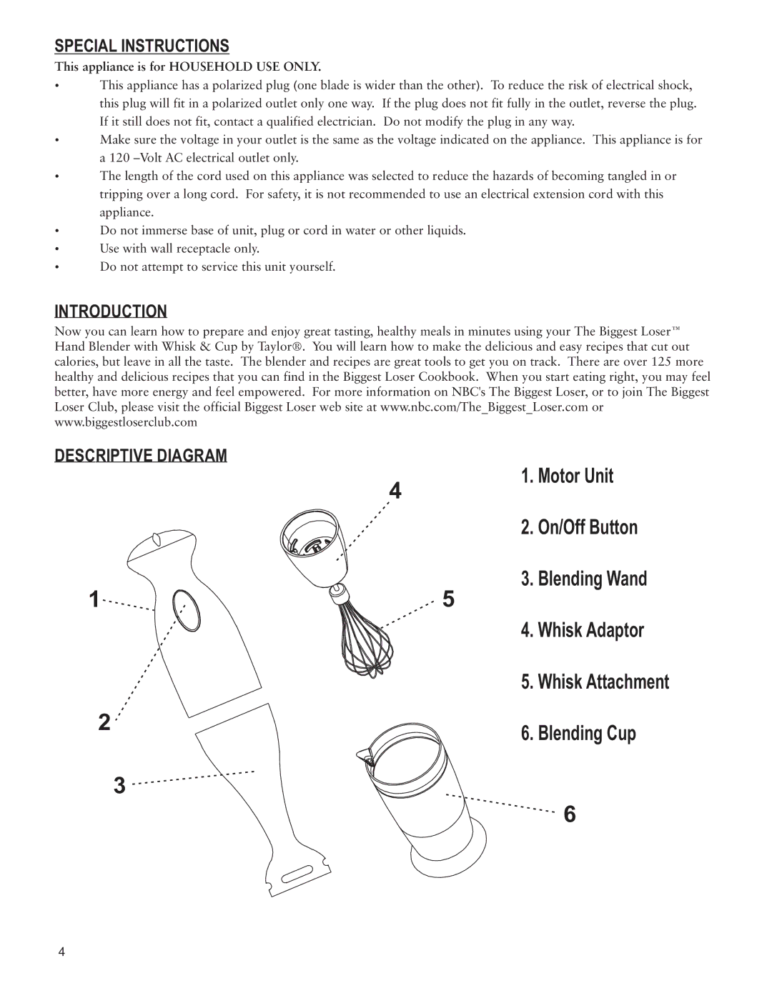 Taylor AB-1051-BL Special Instructions, Introduction Descriptive Diagram, This appliance is for Household USE only 