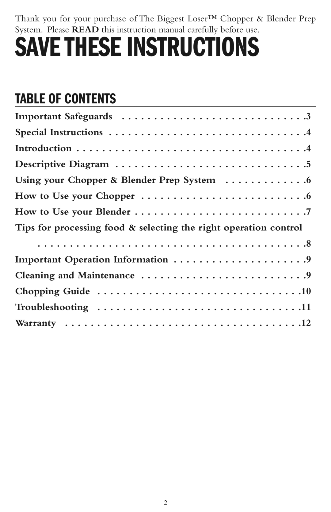 Taylor AC-1200-BL instruction manual Table of Contents 