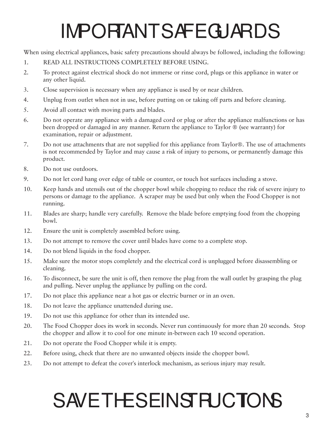 Taylor AC-1250-BL instruction manual Important Safeguards 