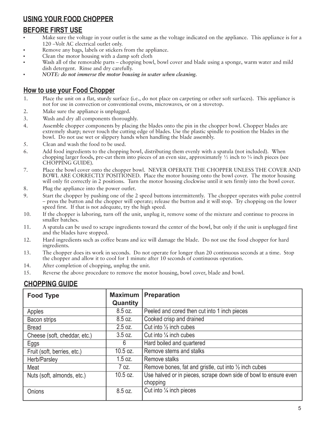 Taylor AC-1250-BL instruction manual Using Your Food Chopper Before First USE, Chopping Guide 