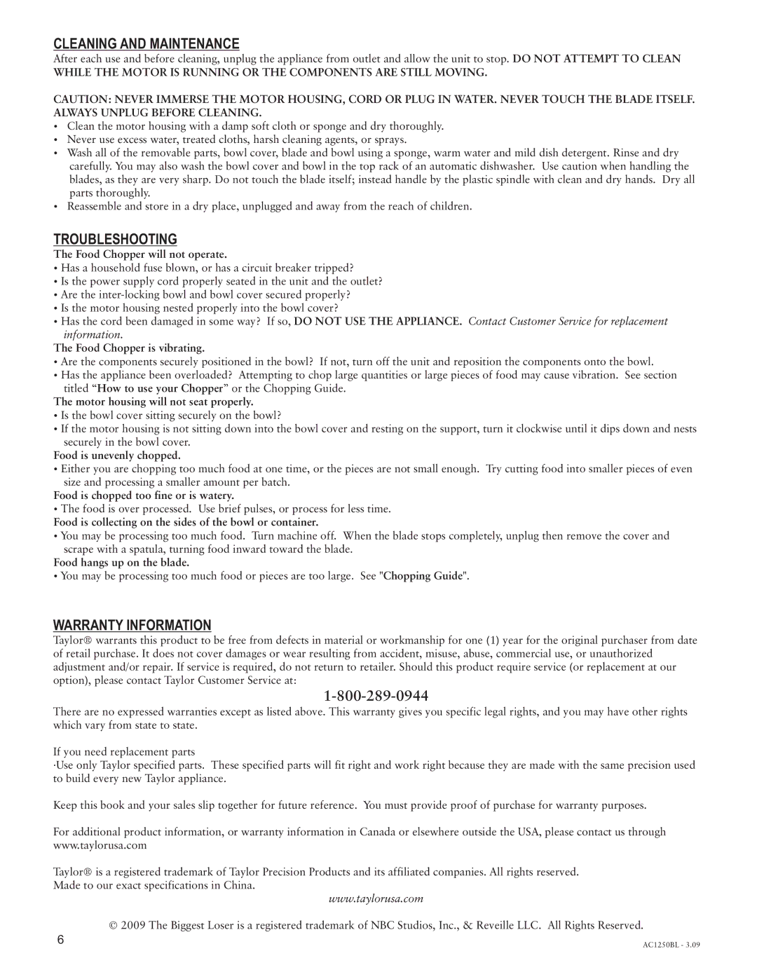 Taylor AC-1250-BL instruction manual Cleaning and Maintenance 