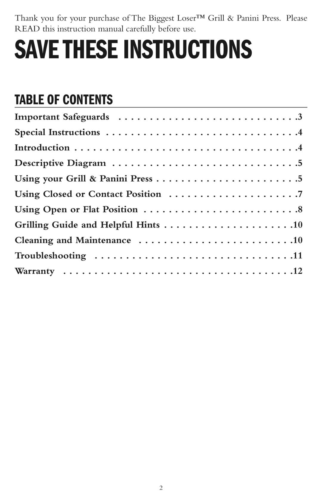 Taylor AG-1300-BL instruction manual Table of Contents 