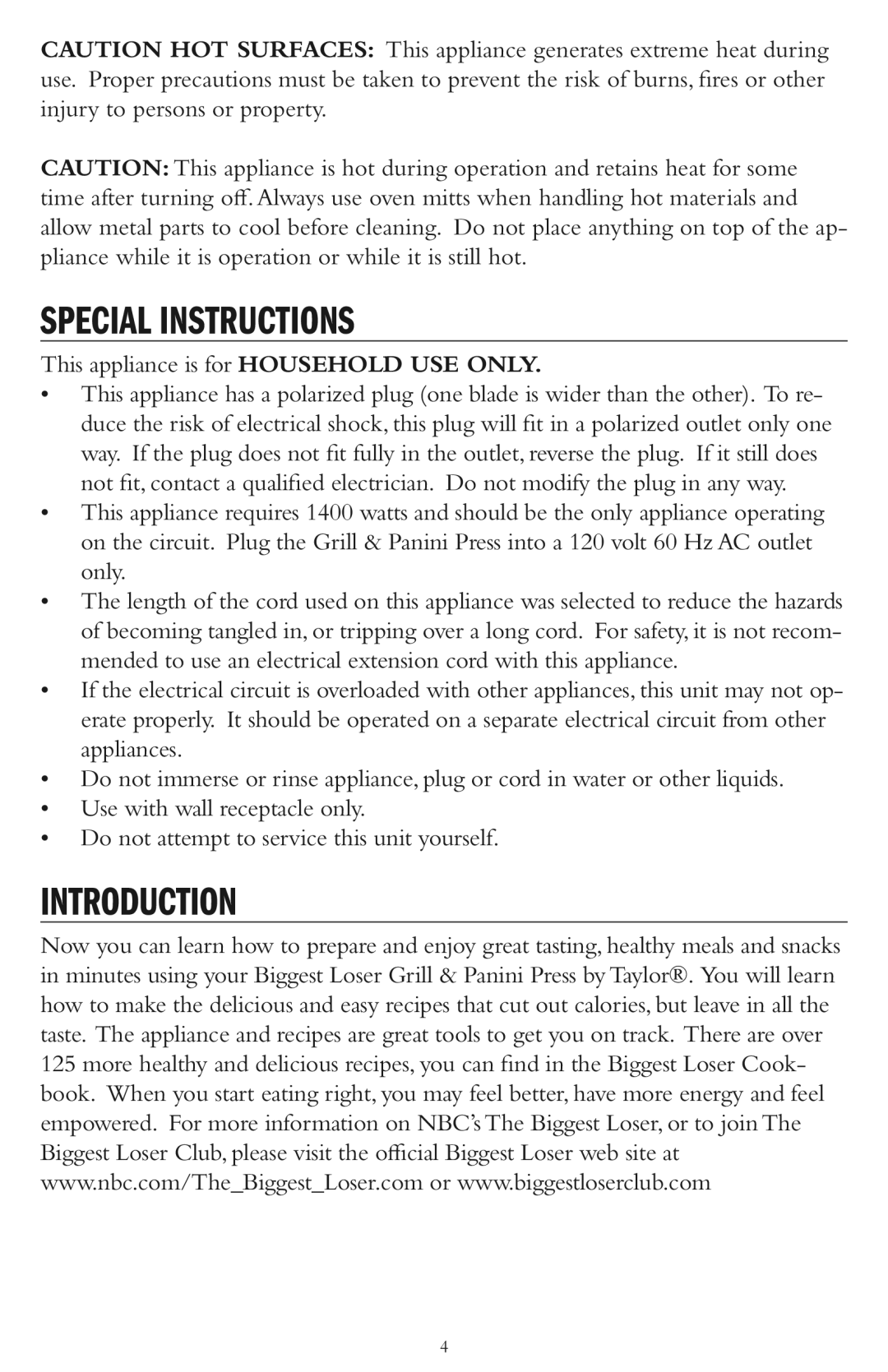 Taylor AG-1300-BL instruction manual Special Instructions, Introduction 