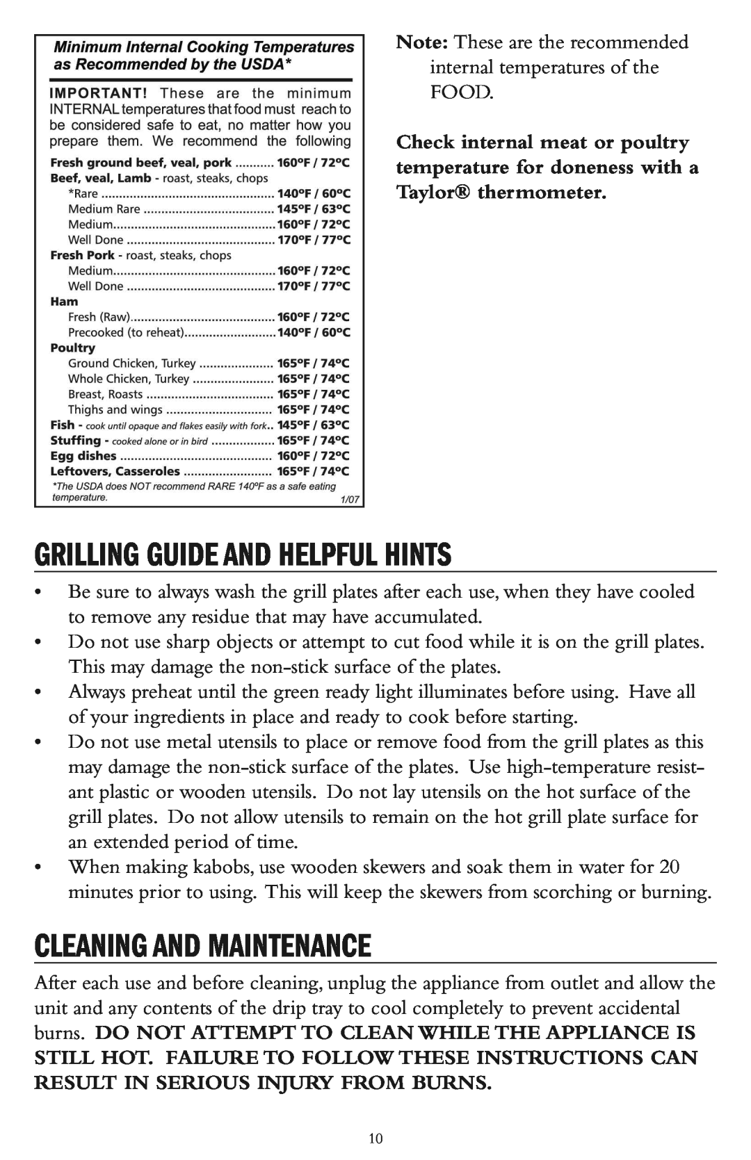 Taylor AG-1300-BL instruction manual Grilling Guide And Helpful Hints, Cleaning And Maintenance 