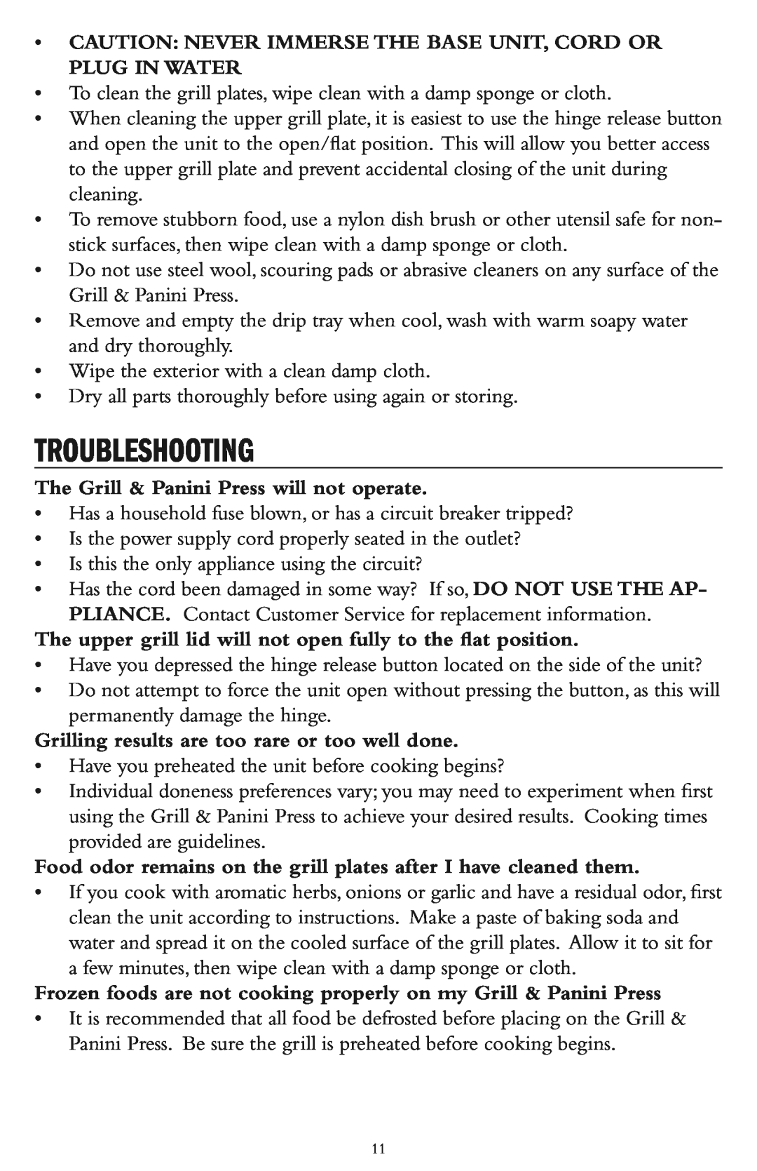Taylor AG-1300-BL instruction manual Troubleshooting, Caution Never Immerse The Base Unit,Cord Or Plug In Water 