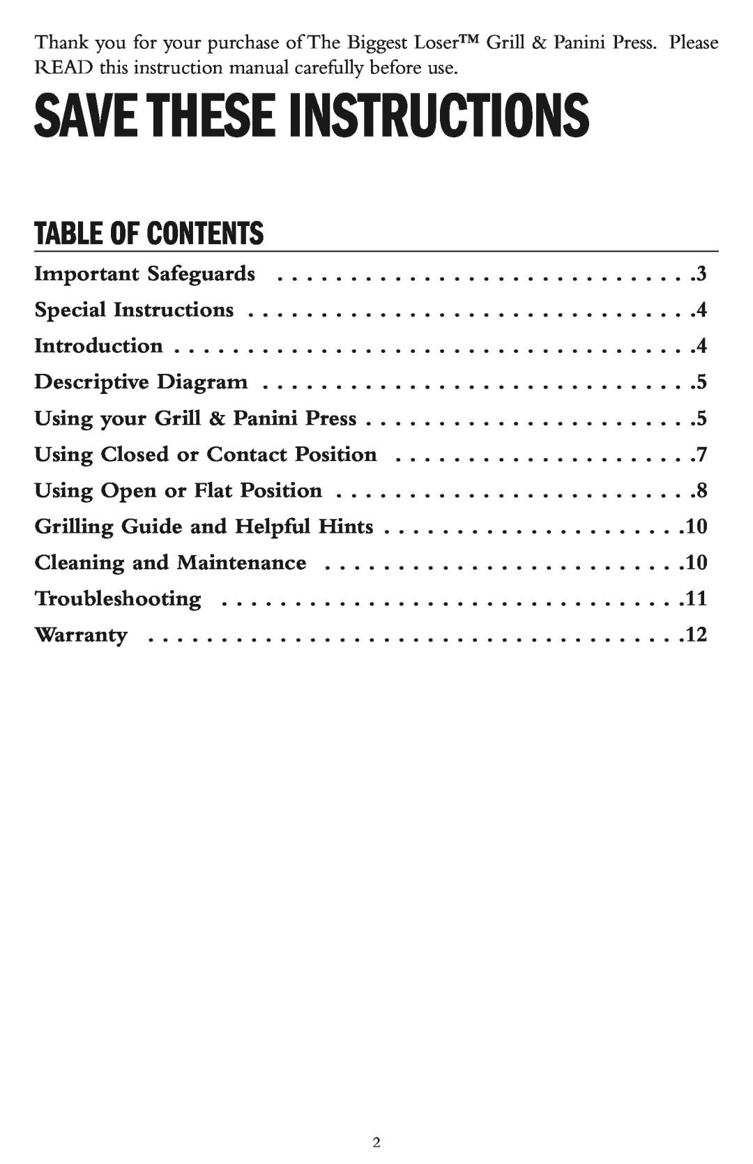 Taylor AG-1300-BL instruction manual Save These Instructions, Table Of Contents 