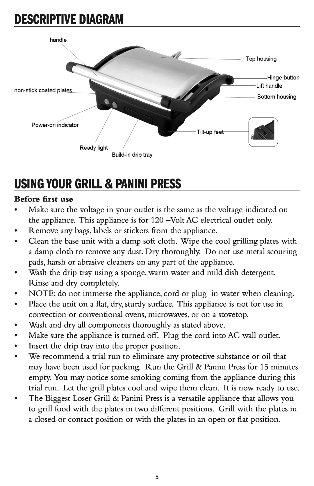 Taylor AG-1300-BL instruction manual Descriptive Diagram Using Your Grill & Panini Press, Before ﬁrst use 