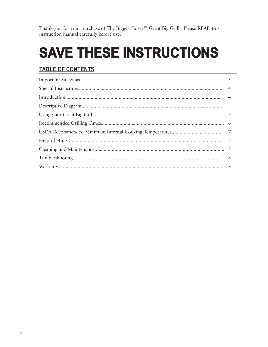 Taylor AG-1350-BL instruction manual Table of Contents 