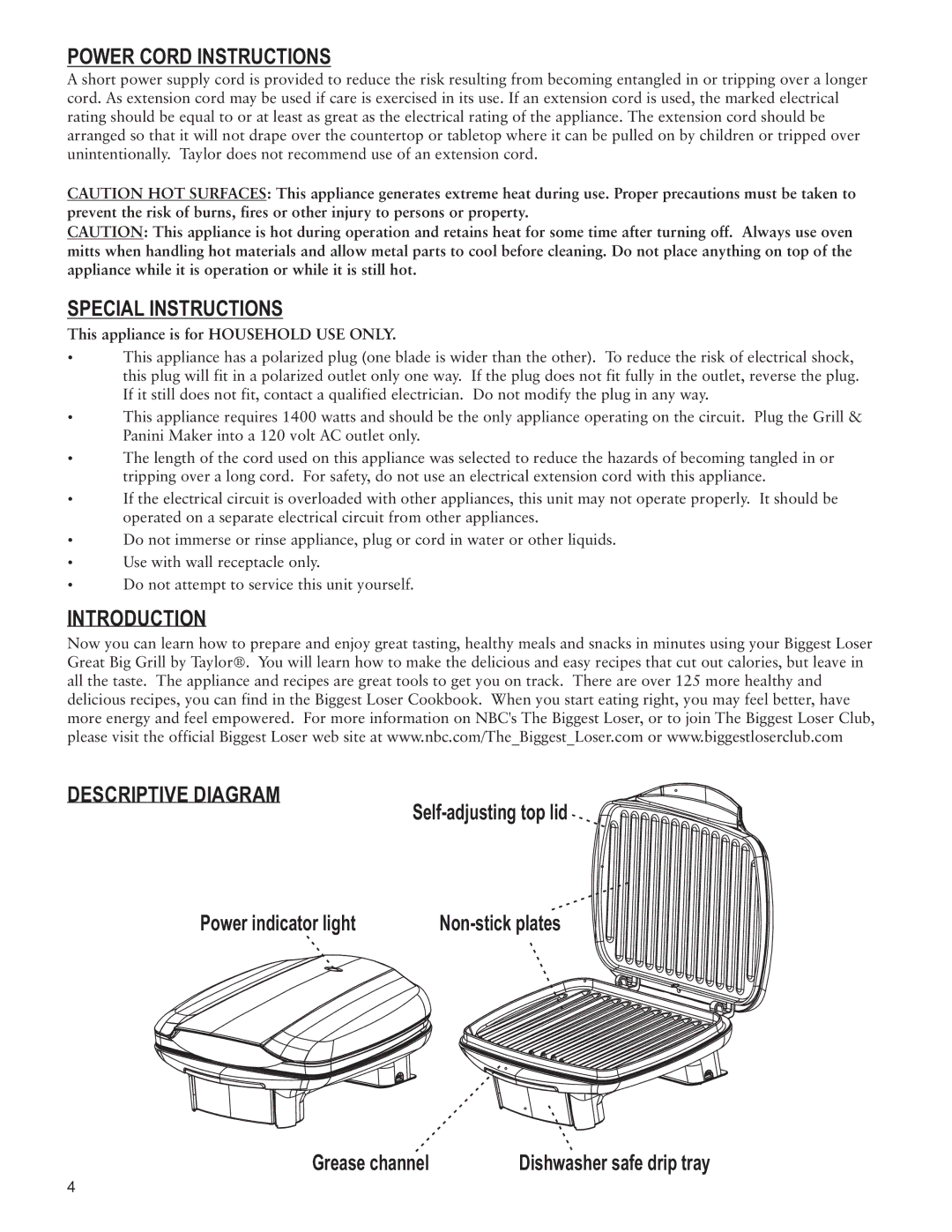 Taylor AG-1350-BL instruction manual Power Cord Instructions, Special Instructions, Introduction Descriptive Diagram 