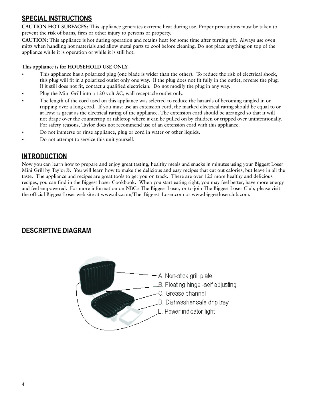 Taylor AG-1360-BL Special Instructions, Introduction Descriptive Diagram, This appliance is for Household USE only 