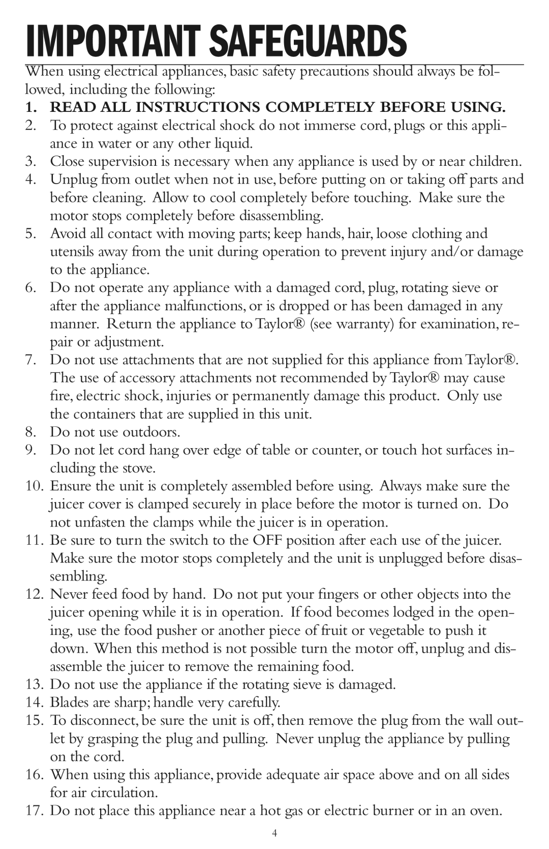 Taylor AJ-1400-BL instruction manual Importantsafeguards, Read ALL Instructionscompletely Before Using 