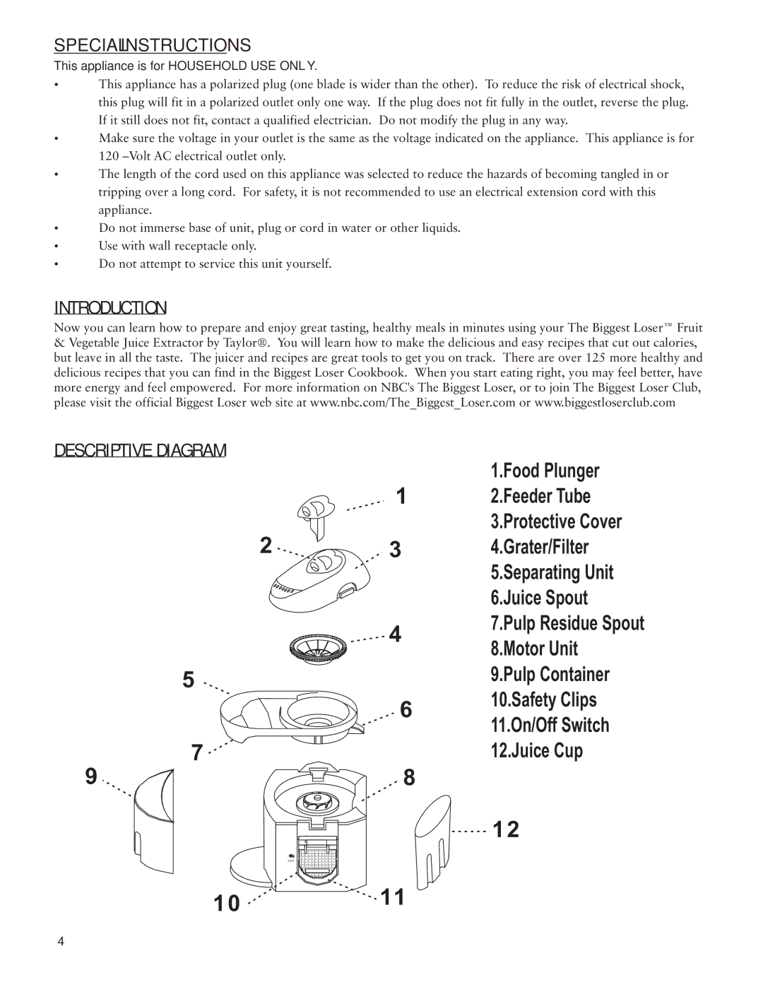 Taylor AJ-1450-BL manual Special Instructions, Introduction, Descriptive Diagram, This appliance is for Household USE only 