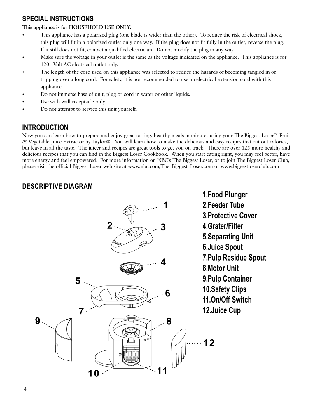 Taylor AJ-1450-BL manual Special Instructions, Introduction, Descriptive Diagram, This appliance is for HOUSEHOLD USE ONLY 
