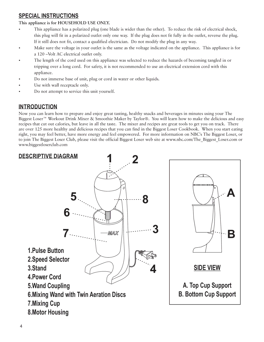 Taylor AM-1700-BL Special Instructions, Introduction Descriptive Diagram, This appliance is for Household USE only 