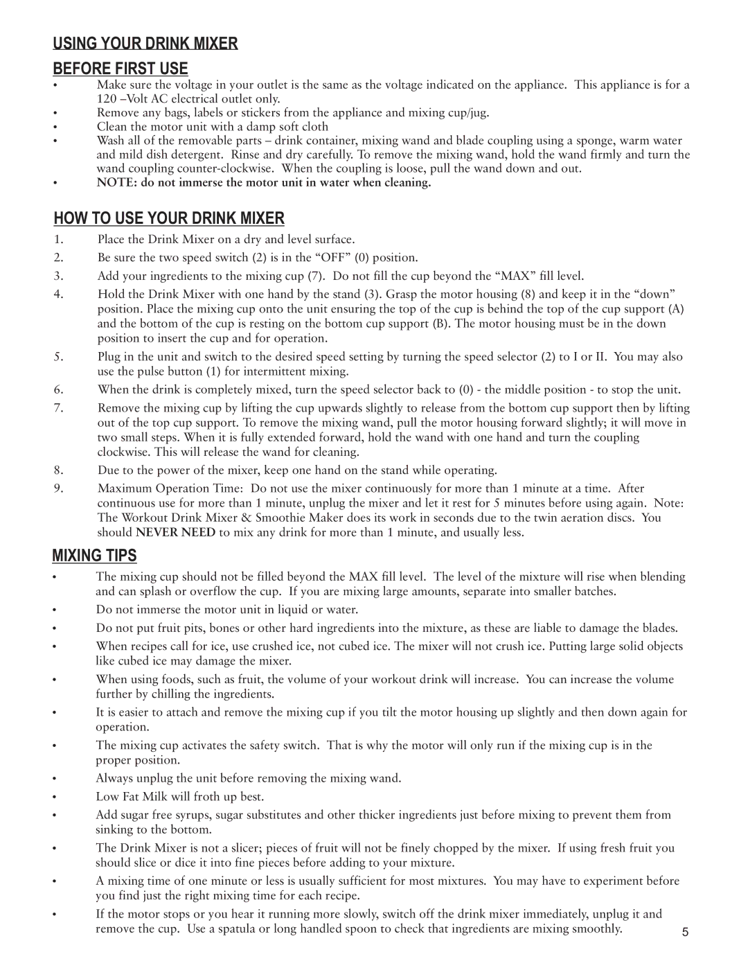 Taylor AM-1700-BL instruction manual Using Your Drink Mixer Before First USE, HOW to USE Your Drink Mixer, Mixing Tips 