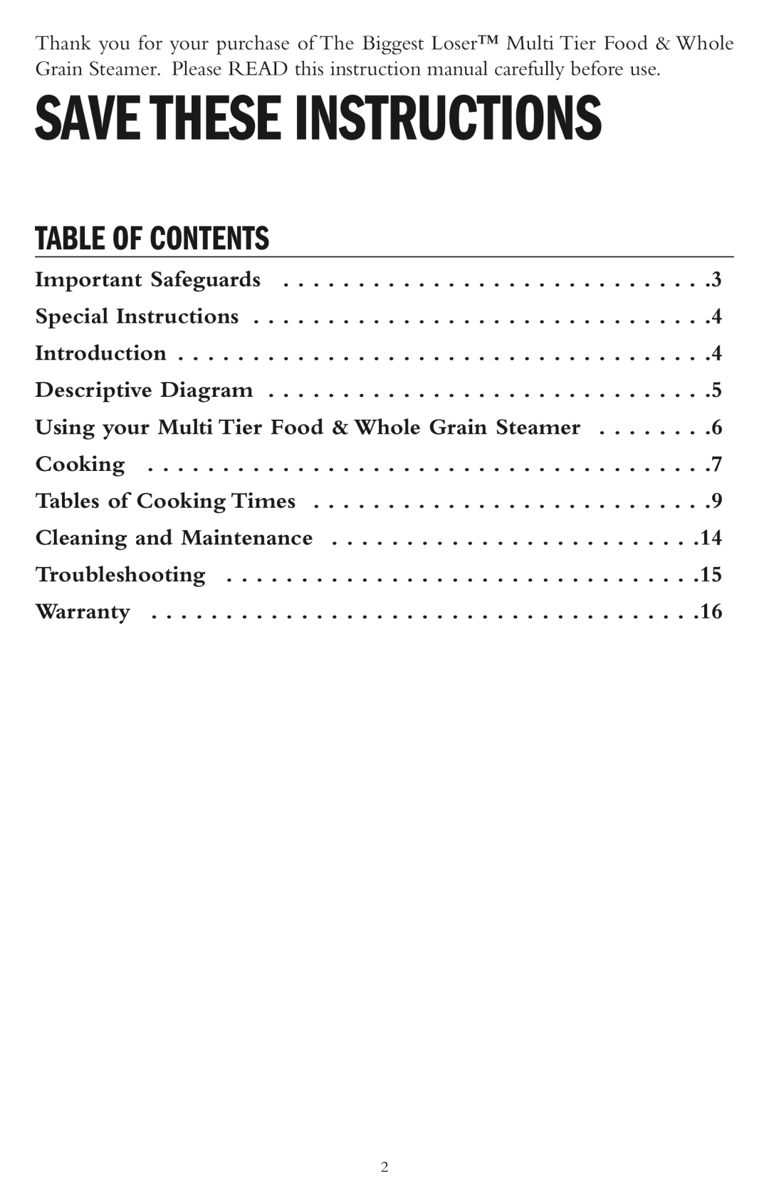 Taylor AS-1500-BL manual Table of Contents 