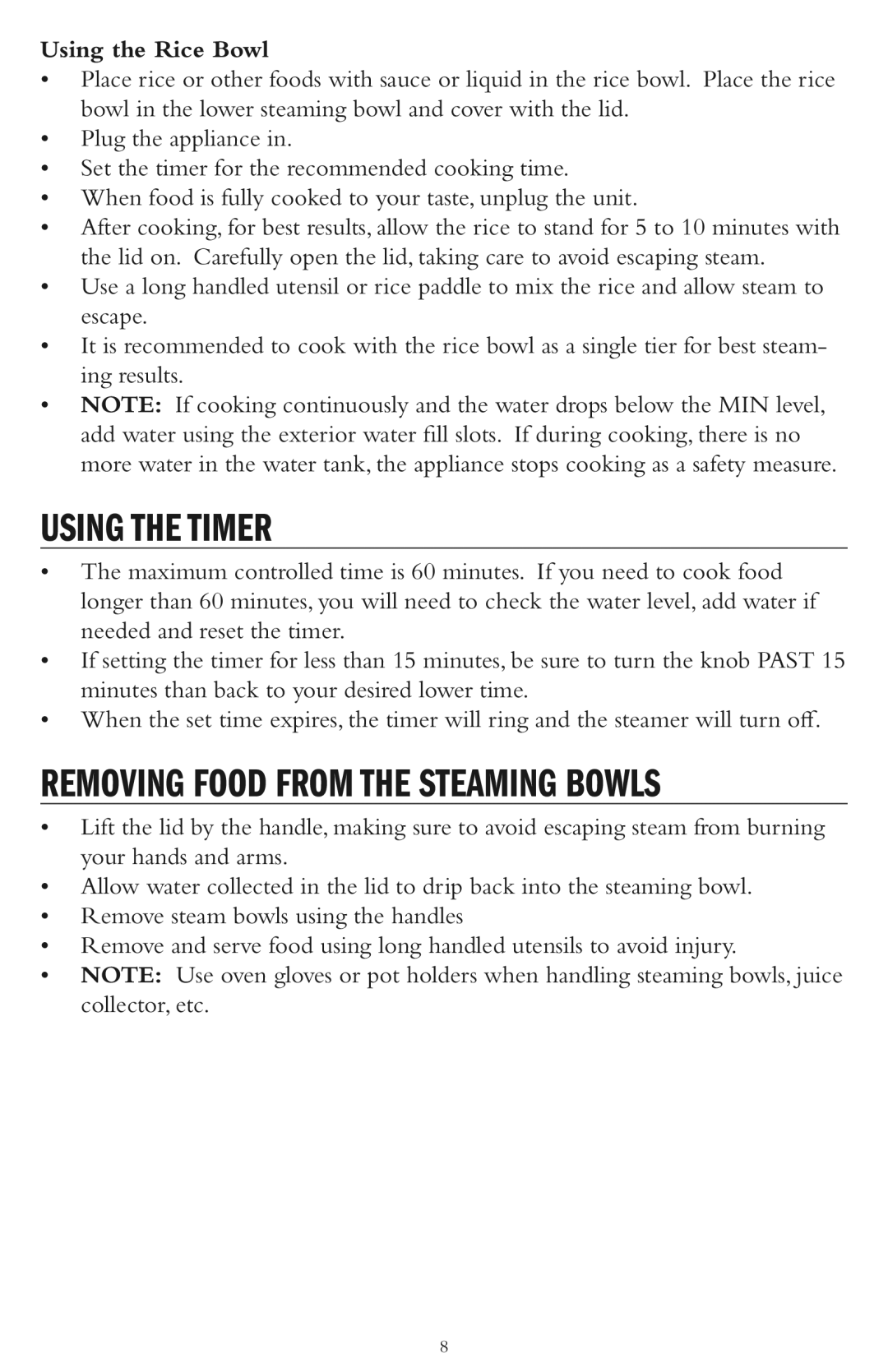 Taylor AS-1500-BL manual Using the Timer, Using the Rice Bowl 