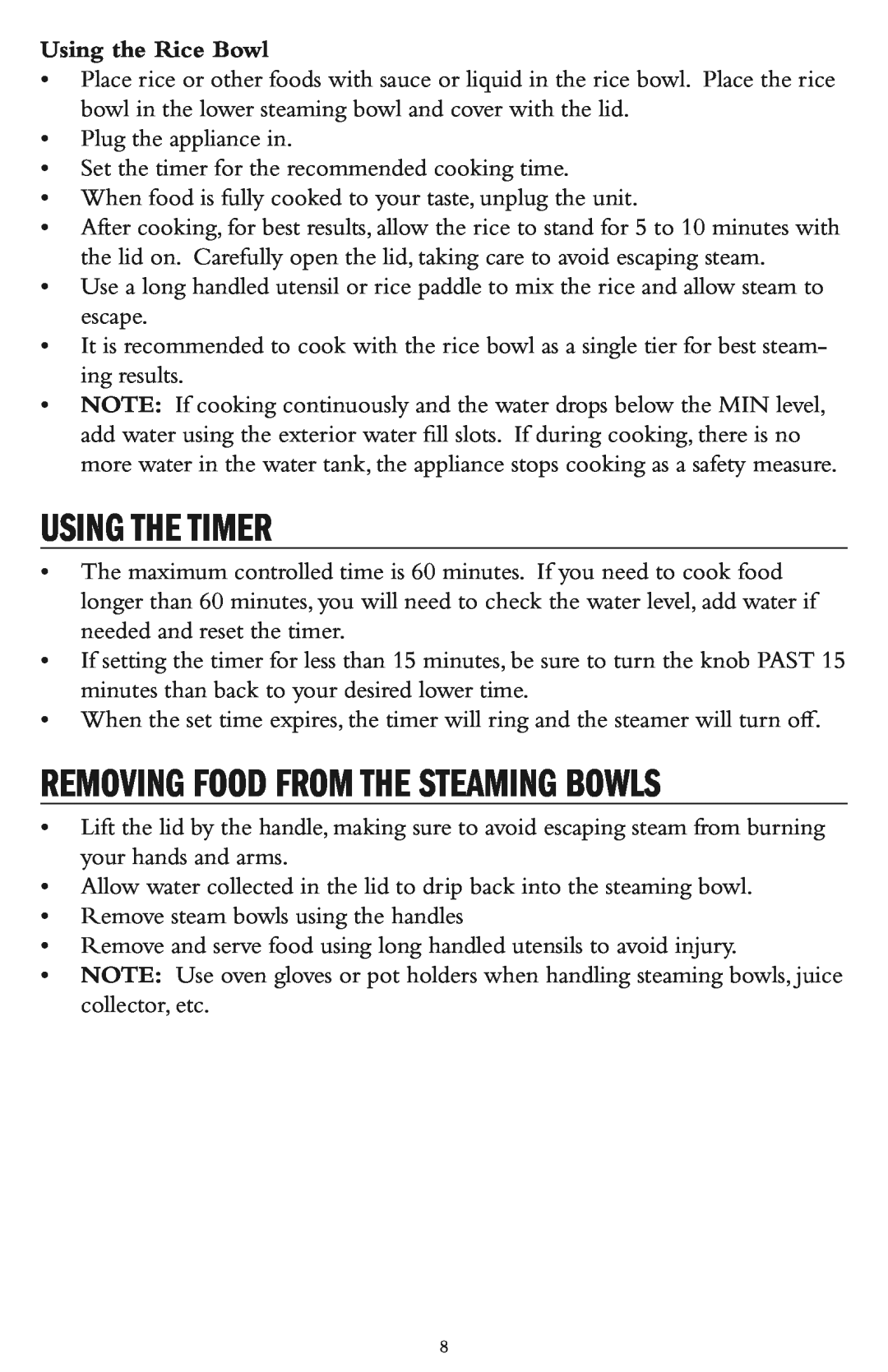 Taylor AS-1500-BL manual Using The Timer, Removing Food From The Steaming Bowls, Using the Rice Bowl 