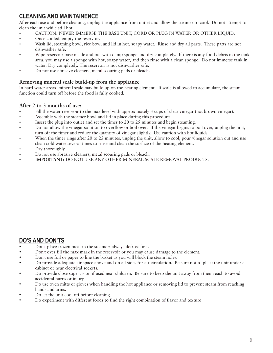 Taylor AS-1550-BL Cleaning and Maintainence, DOS and Donts, Removing mineral scale build-up from the appliance 