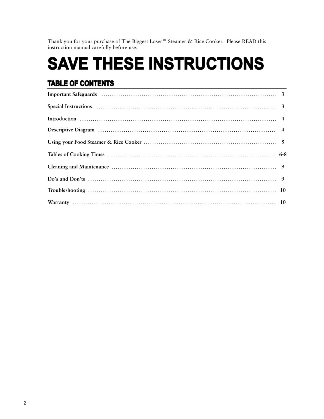 Taylor AS-1550-BL instruction manual Table Of Contents, Save These Instructions 