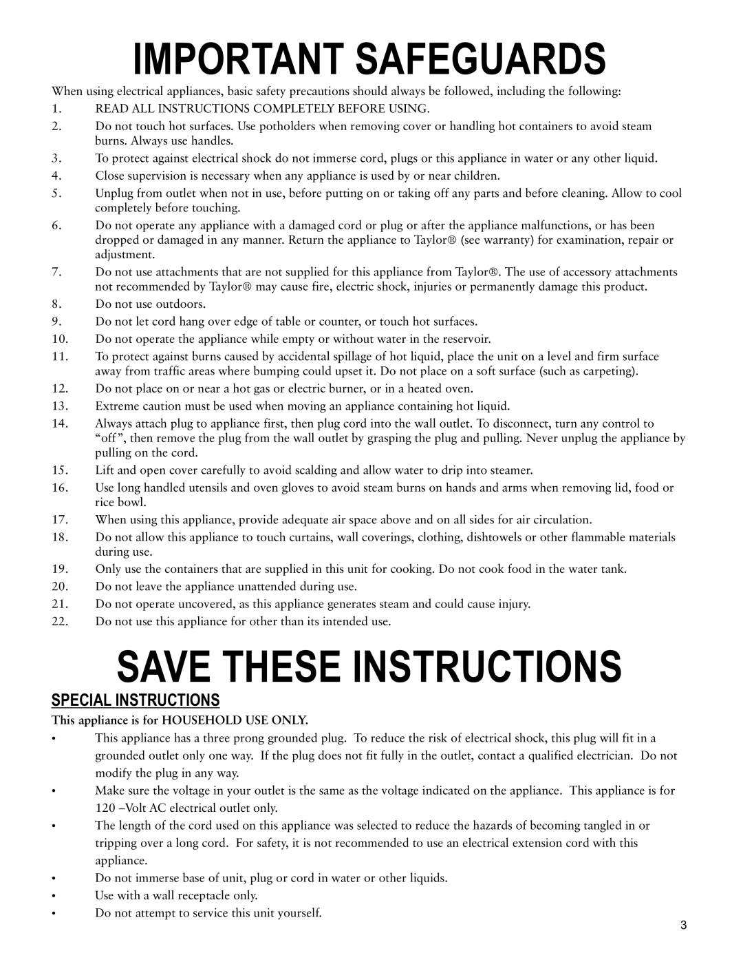 Taylor AS-1550-BL instruction manual Special Instructions, Important Safeguards, Save These Instructions 